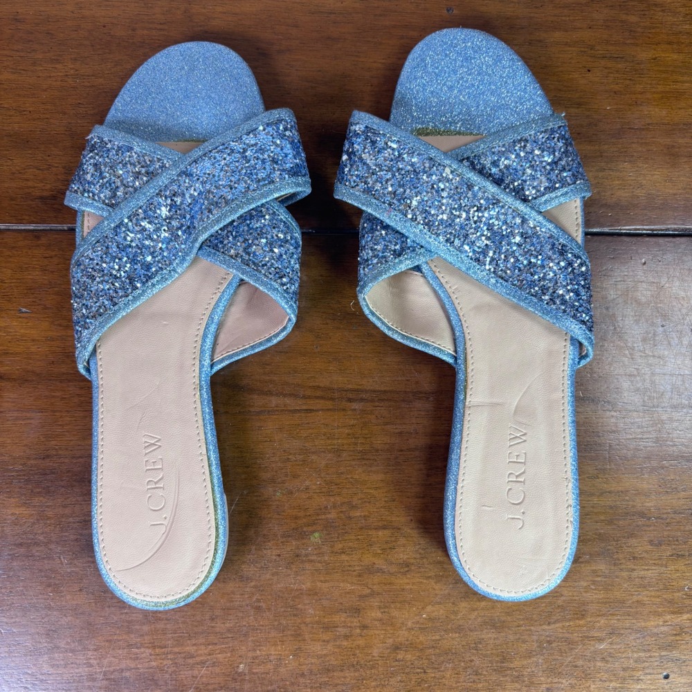 J.Crew Slide Sandals Womens 6 Blue Glitter Crisscross Sparkly Flat Summer Shoes